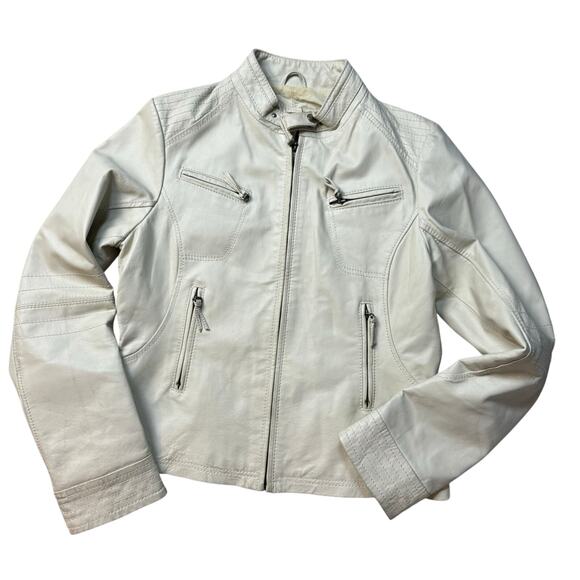Vintage 90s fitted white leather moto jacket (S/M) - Picture 2 of 9